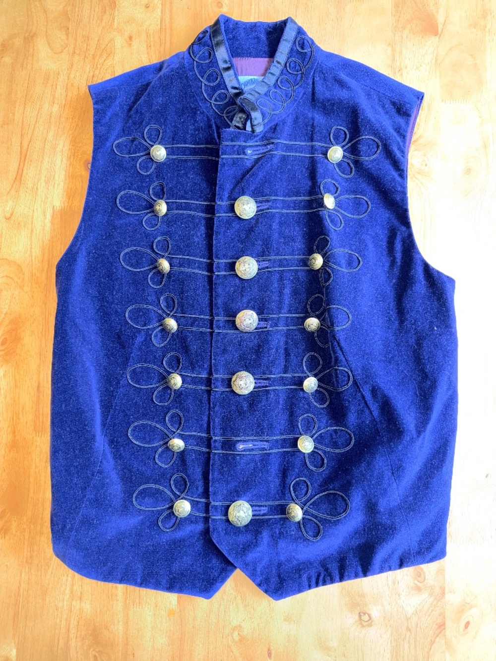 Cambridge Dry Goods Blue Velvet Military Vest Frog Closure Crest Button S 499